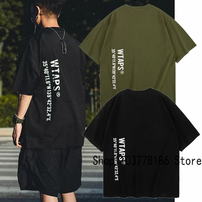 New WTAPS T-shirt Classic Black Green Back Letter Print Roundneck Short Sleeve Loose Breathable Cotton Wtaps Top Men Streetwear