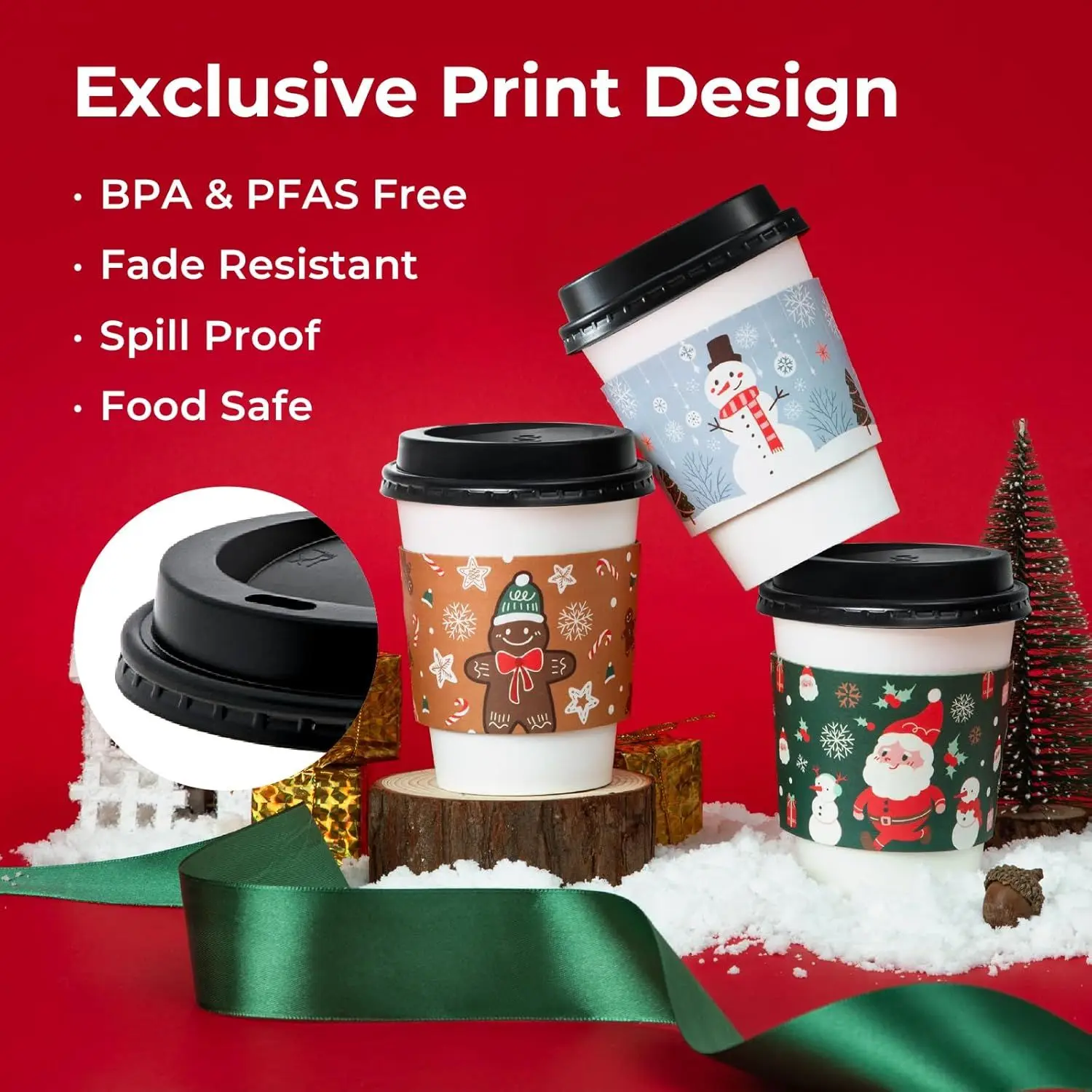50 Pack 24 oz Christmas Coffee Cups with Lids Disposable, Sleeves, Leak-Proof To Go Coffee Cups with Lids, Durable Holiday