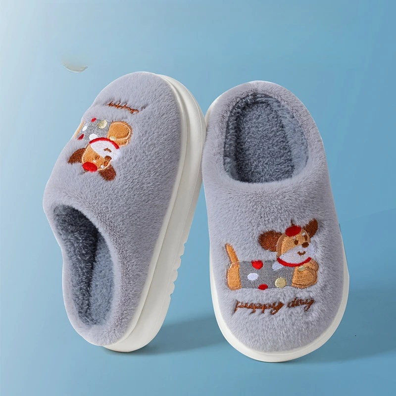 Cute Dog Cartoon Slippers for Boys Girls Winter Warm Cotton Shoes Anti-slip Soft Sole Indoor Home Slippers