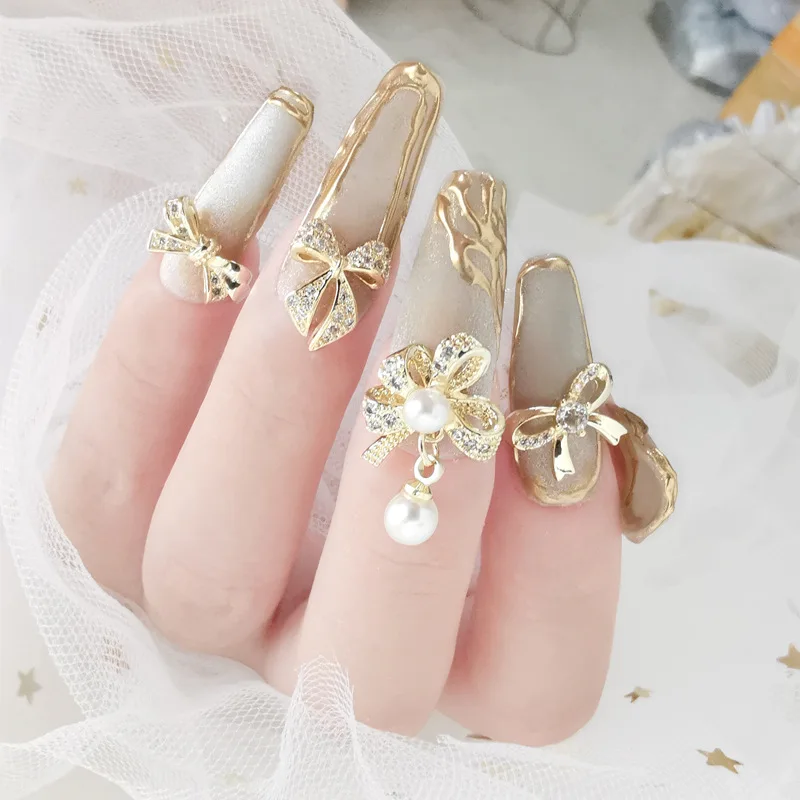 10 pçs luxo charme peças de unhas decoração do prego ouro prata cores metal jóias combinação diy manicure arte L01-L24