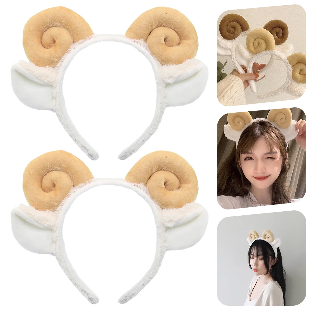 2 Pcs Croissant Headband Animal Lamb Ear Hair Hoops Headgear Cosplay Makeup Animals Cloth Sheep Horn Miss Party