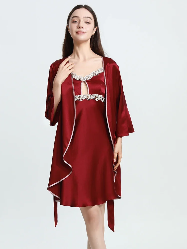 Roupões de seda pesada de 19mm e vestido de noite, pijama, conjunto de 2 peças, roupão de banho 100% seda amoreira e mini camisola deslizante, roupa de dormir, quimono