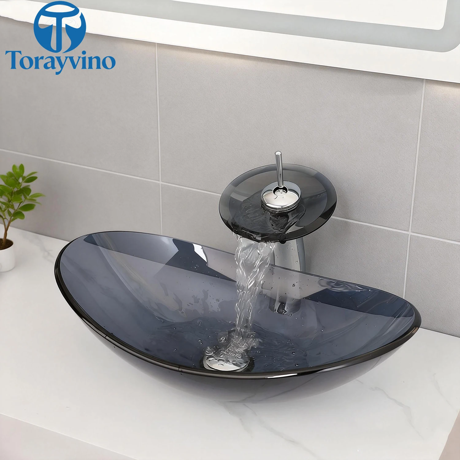 

Torayvino Oval Bathroom Basin Sink Faucet Matter Black Glass Vessel Vanity Basin Waterfall Two Hole Single Handle Faucet Mixer
