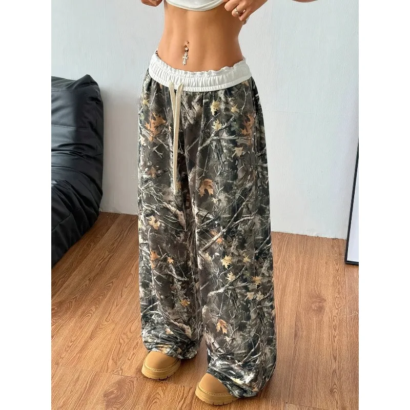 

Plus Size 1XL-5XL New Women's Stylish Camo Print Wide-Leg Pants Elastic Waistband with Drawstrings Comfortable Cute Pants