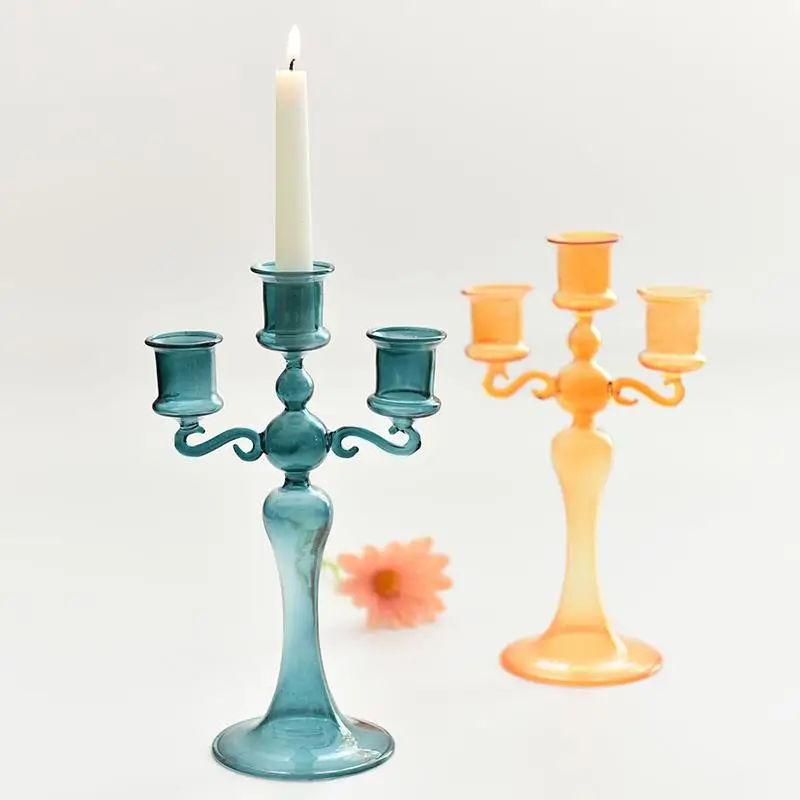3 Arms Amber Glass Candelabra Vintage Tall Taper Candle Holder Table Centerpiece Wedding Home Decor Ornament