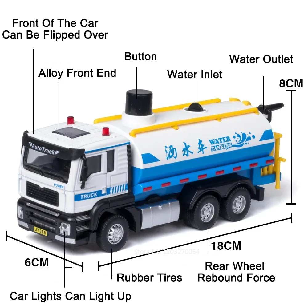 1/50 Sanitation Truck Model Car Toy Alloy Diecast Sprinkler Truck Rubber Tires Sound Light Pull Back Toys Festival Gift for Kids