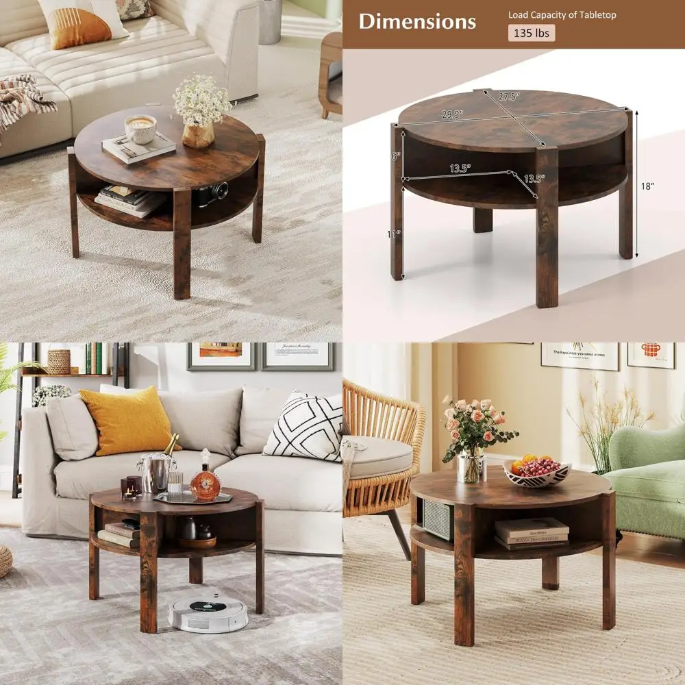 Ronde salontafel met 2 niveaus en opbergplanken voor kleine ruimtes, woonkamer, roestkleurig