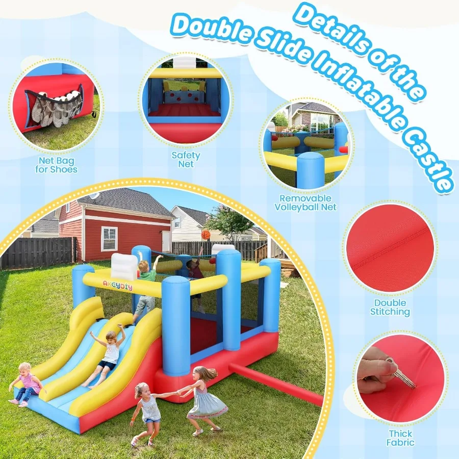 Opblaasbaar springhuis voor kinderen van 3-10, met ventilator, 15x7,8x7,5 ft springkasteel met groot springgedeelte, dubbele glijbanen, 2 basketbal