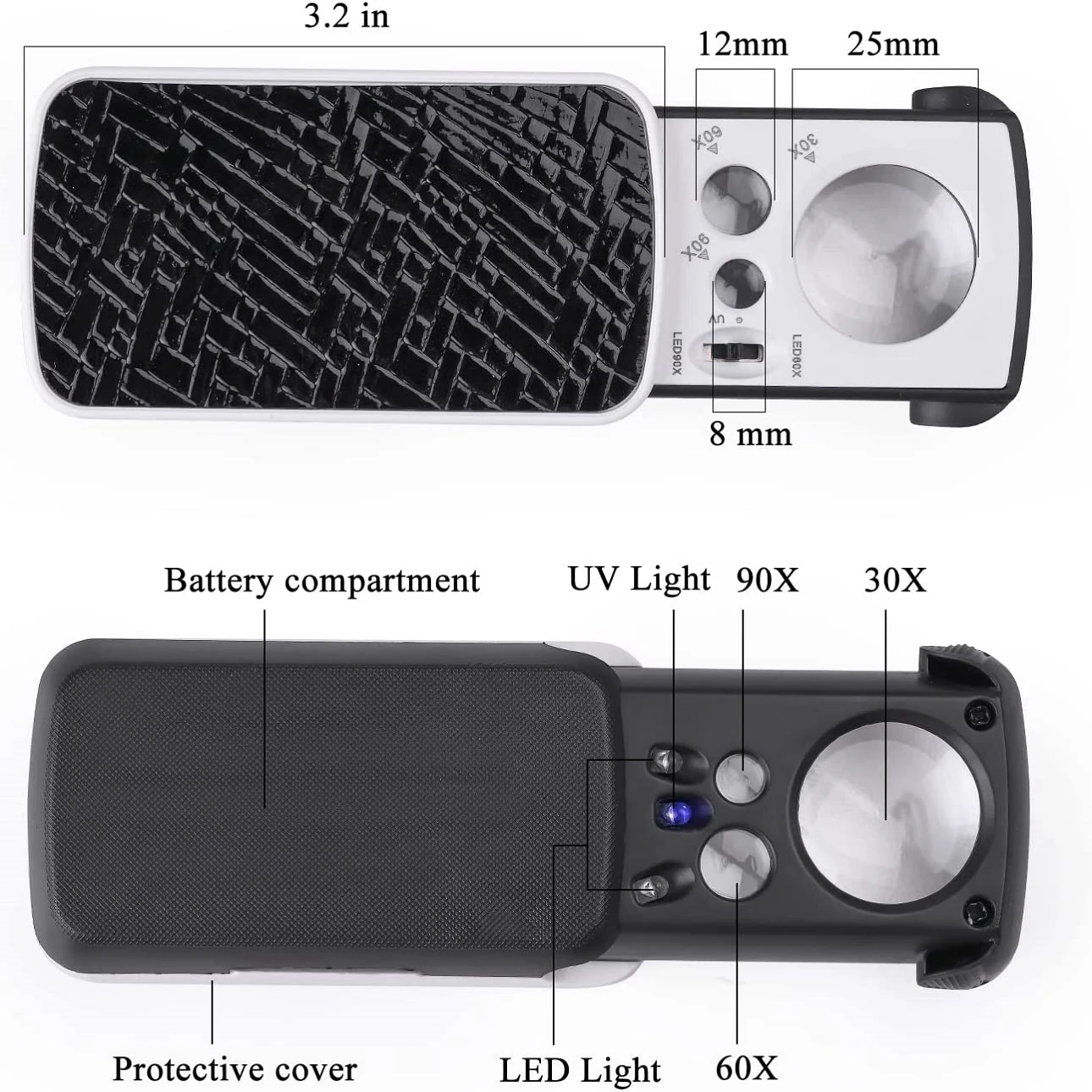 Jewelry Loupe Magnifier With LED UV Light 30X 60X 90X Jewelers Eye Magnifying Glass Fold For Gems Stamps Coins Watches Antiques