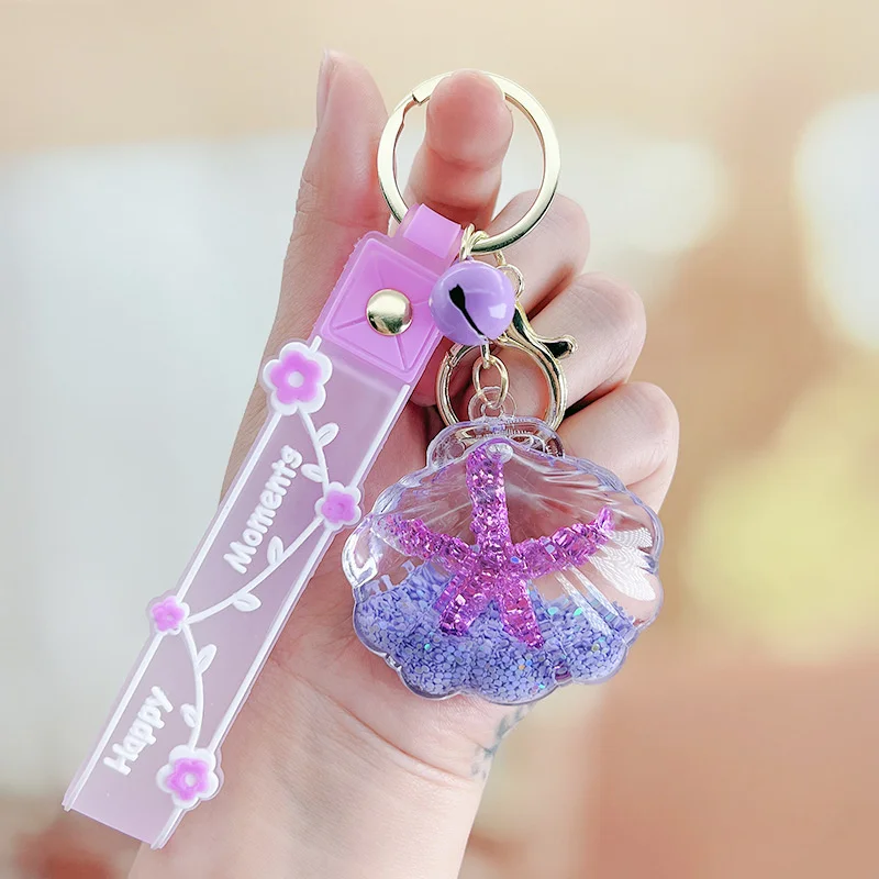 Creative Acrylic Quicksand Starfish Into Oil Shell Key Chain Cute Couple Bag Pendant Keyfob Floating Liquid Sakura Keychain Gift
