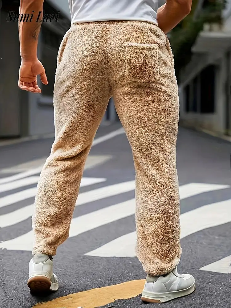 

Винтажные пушистые уютные флисовые спортивные штаны, мужские осенне-зимние повседневные однотонные флисовые мужские брюки, модные брюки на шнурке