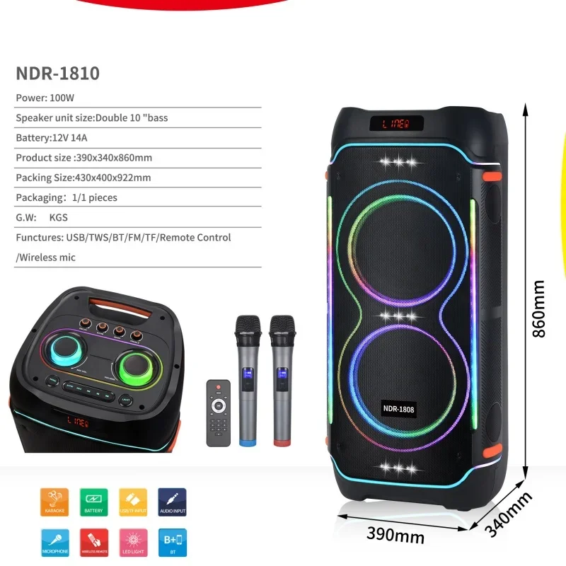 NDR NDR1810 10 Inch 100W High-Power Portable Wireless Blue Tooth Party Box 310 Outdoor Waterproof Dj Trolley Speaker With Mic ma