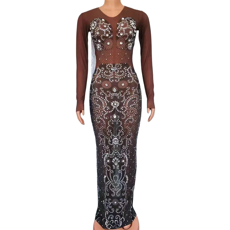 

Rhinestone Sexy Transparent Long Sleeves Dress Women Fringes Evening Birthday Prom Mesh Costume