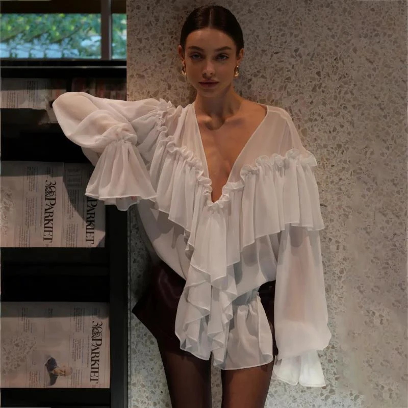 女性シフォンブラウス女性白ルーズ V ネックランタンスリーブシースルートップスフレンチエレガントなフリル女性女性シックなプルオーバー