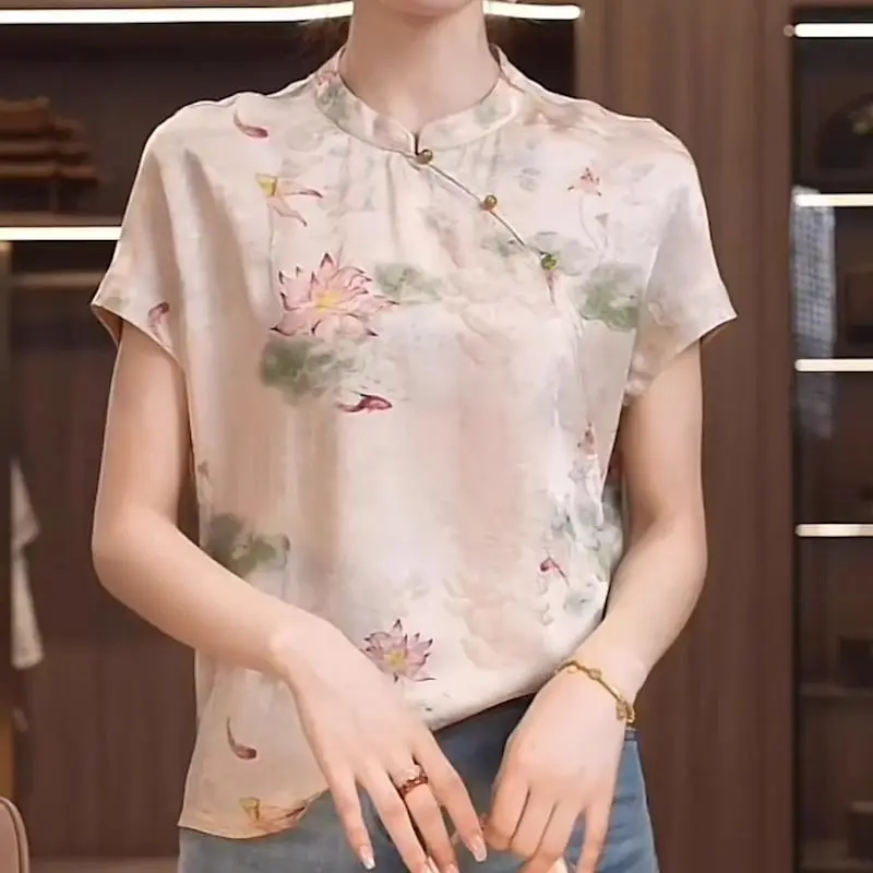 Floral Printed Satin Silk Blouses Women Short Sleeve Retro Shirts Chinese Style Cheongsam Top