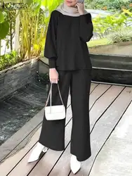 2024 ZANZEA Muslim Sets Women Autumn Tracksuits Fashion Long Sleeve Blouse Solid Pant Sets IsIamic Hijab Outfits Two Pieces Sets