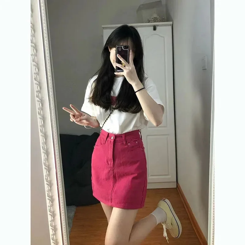 Rose Red Denim Skirt Women's Summer Korean Version A-word Hip-wrapped Short Skirt