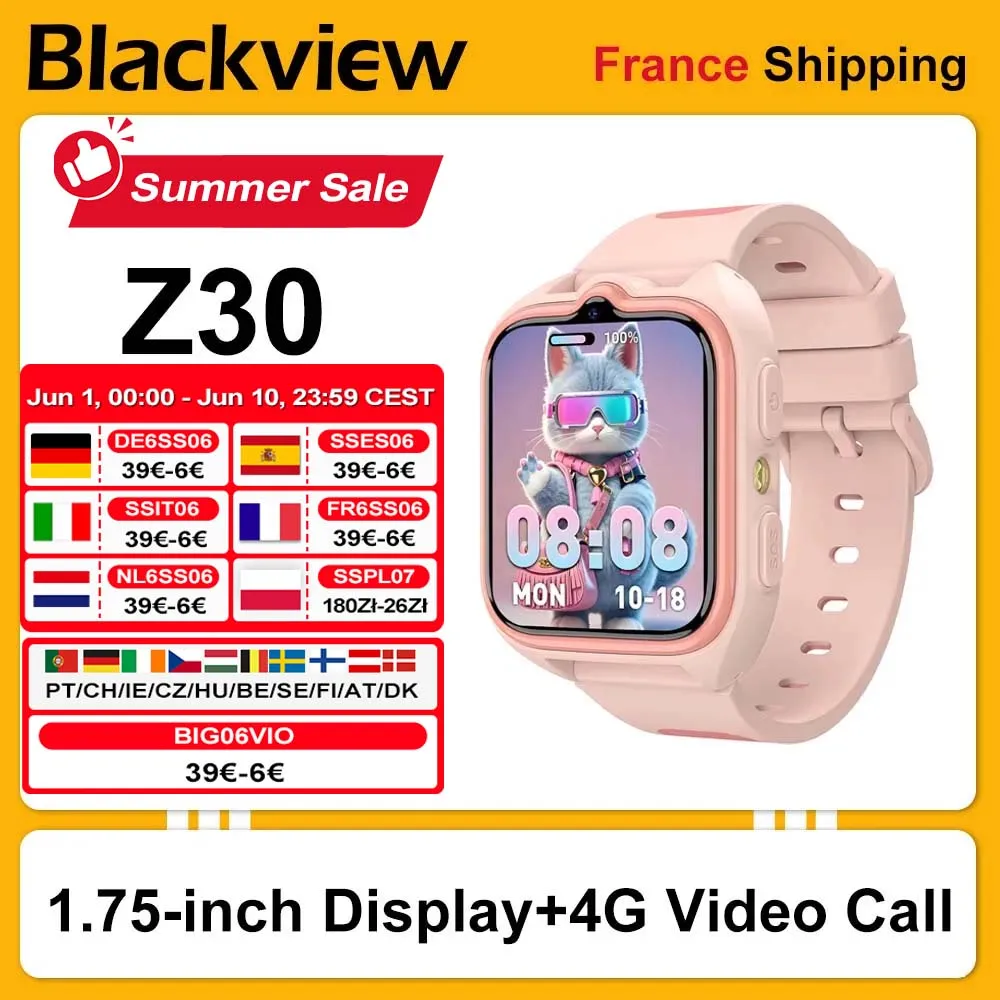 Montre connectée pour enfants Blackview Z30, appel vidéo 4G, montre de suivi pour enfants étanche, écran HD 1,75 pouces, GPS, LBS, WIFI, pour enfants