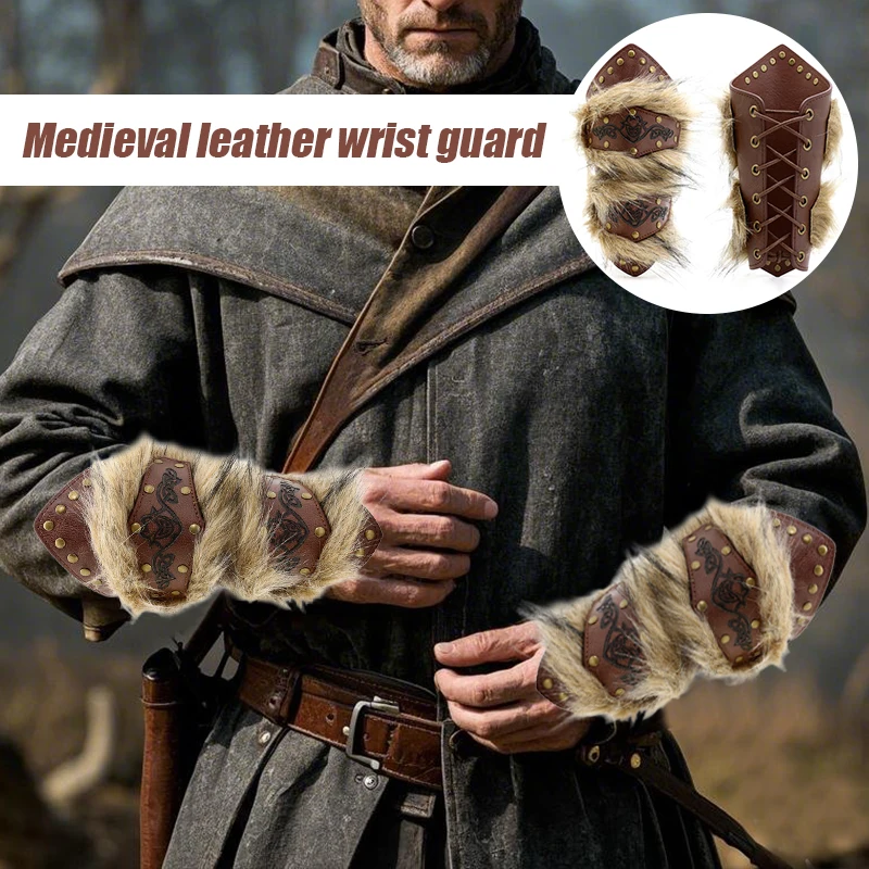 Medieval Viking Steampunk Faux Leather Fur Wrist Guards Armguard Bracer Armor for Halloween Cosplay Props Costume Accessories