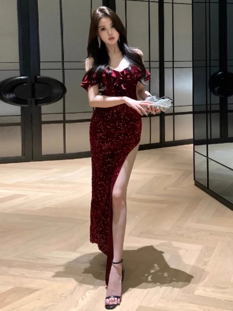 Topenomi Sexy Sequins Banquet Party Dress Women Temperament Ruffled Strapless High Waist Slim Split Cocktail Evening Gown Robe