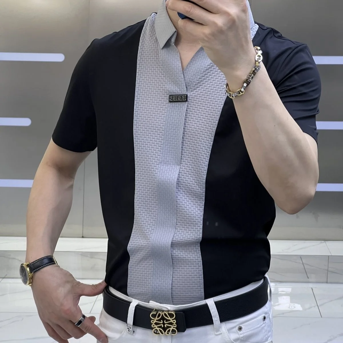 

Men's Summer T-shirt New High End Luxury Short Sleeve Color Matching Shirt Fashion Business Casual Versatile Camisa Hot