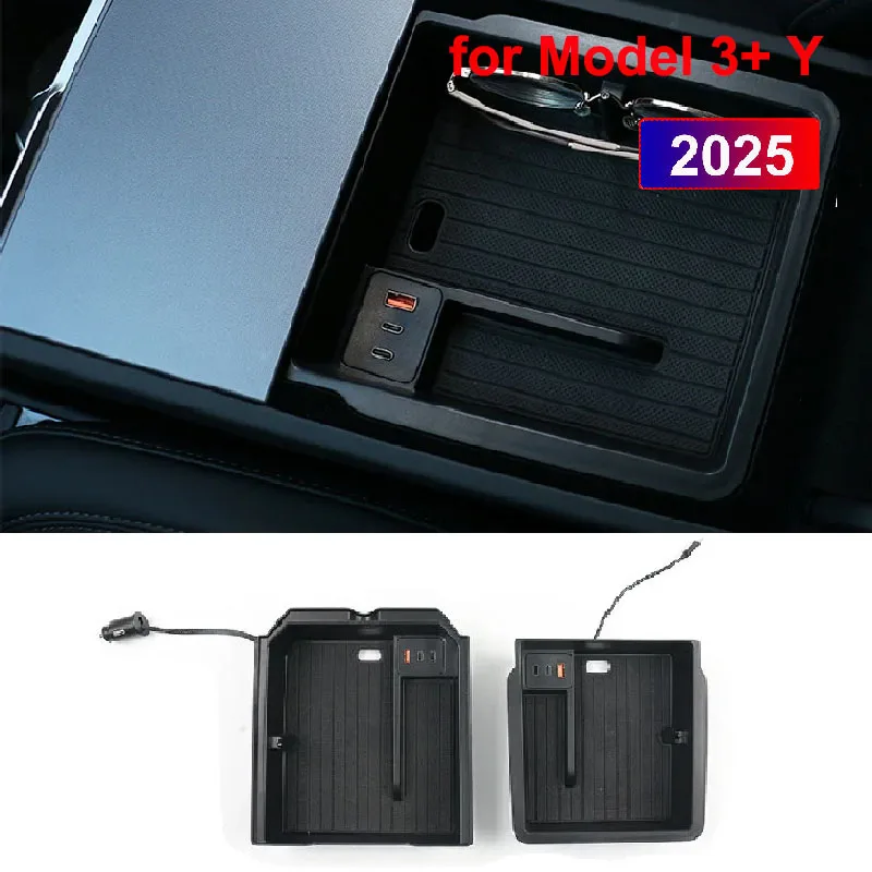 For Tesla Model 3 Y Juniper Highland Launch 2025 2026 Center Console Armrest Storage Organizer USB Type-C Charger Expansion Dock