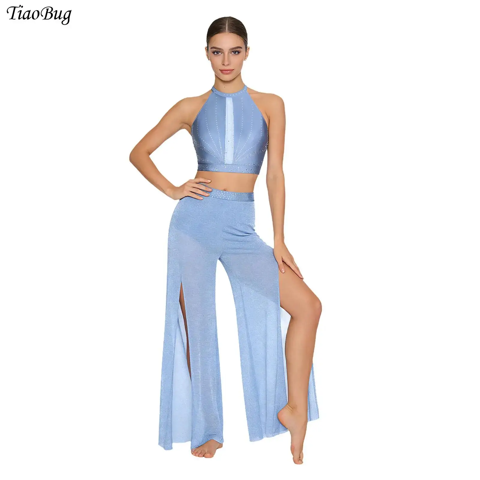 

Women Modern Lyrical Dance Outfit Rhinestone Crop Tank Top And Shimmery Mesh Wide Leg Pants Skating Gymnastics Ballet Dancewear