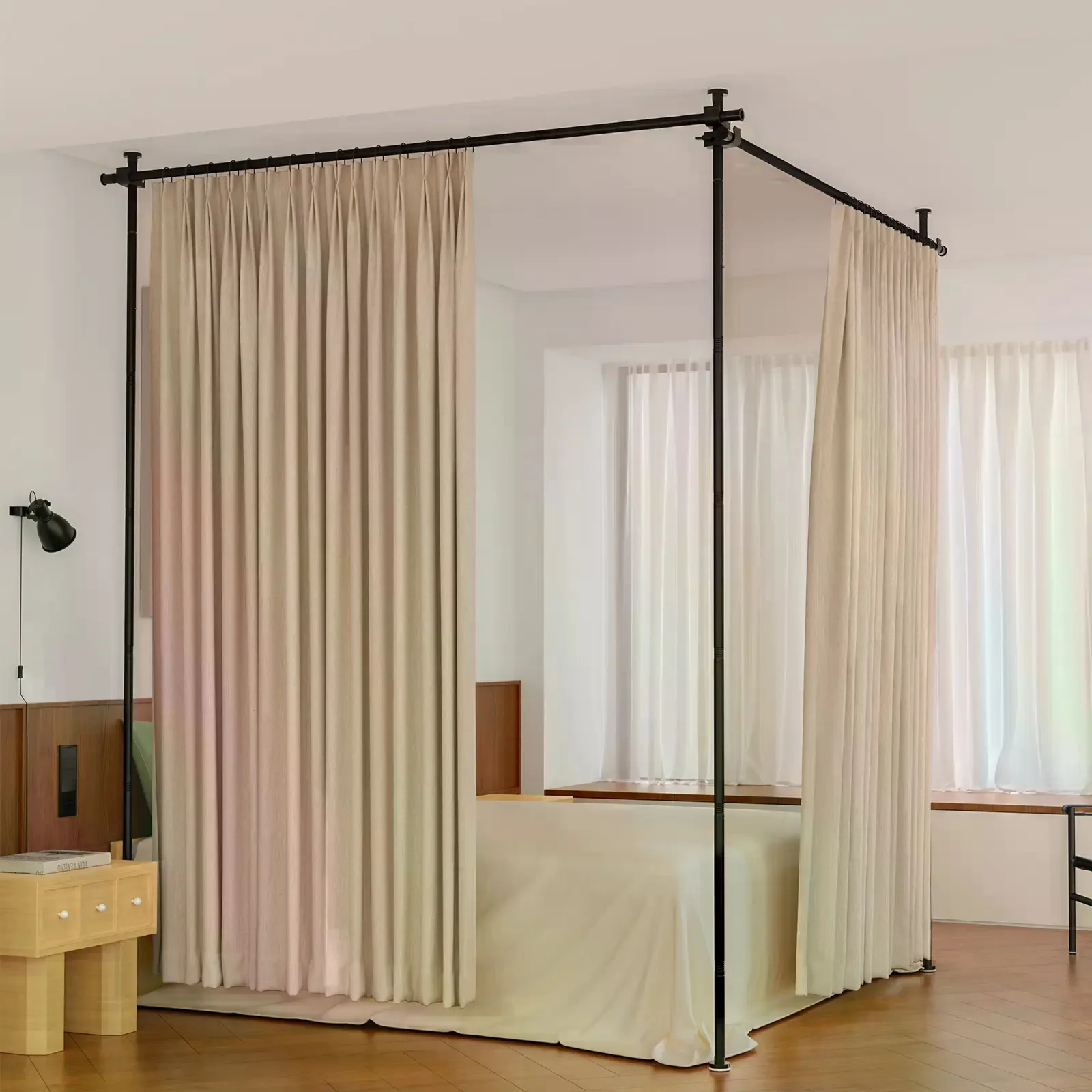 Adjustable Room Divider Frame, Black Metal Pipe Partition Stand for Bedroom/Dorm/Apartment, No Curtains Included (Fits Twin/Full Beds & Open Spaces)