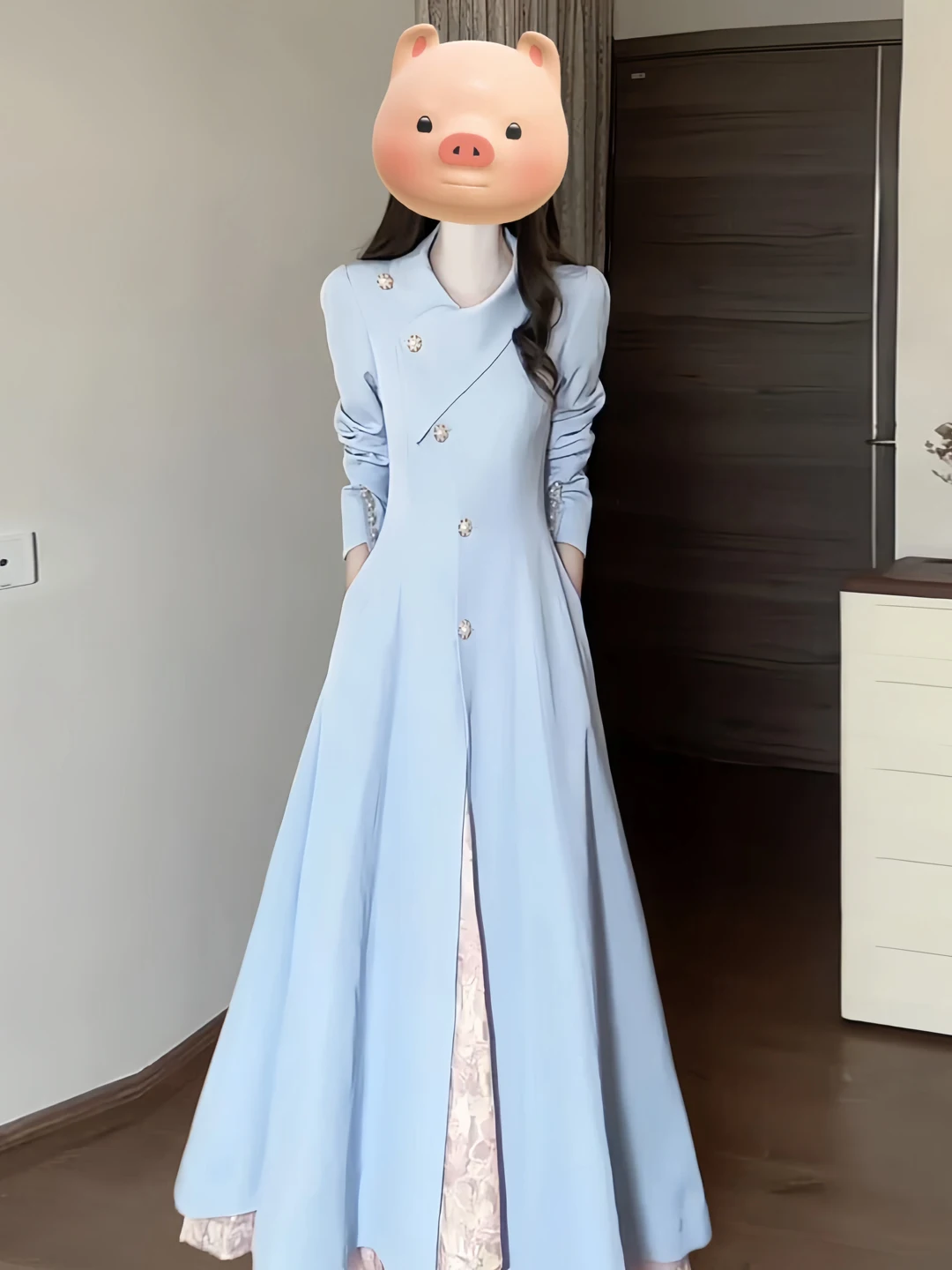 

British Style Blue Lapel Long Coat Women's Waist-Cinching Double-breasted Coat Elegant Autumn Winter Fashion Outerwear