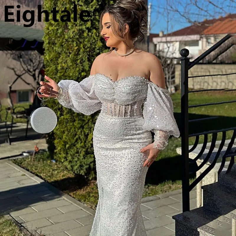 

Eightale 2024 White Mermaid Sequin Puff Sleeve Prom Dress Off Shouder Evening Dress Women Formal Party Gown Robes De Soirée