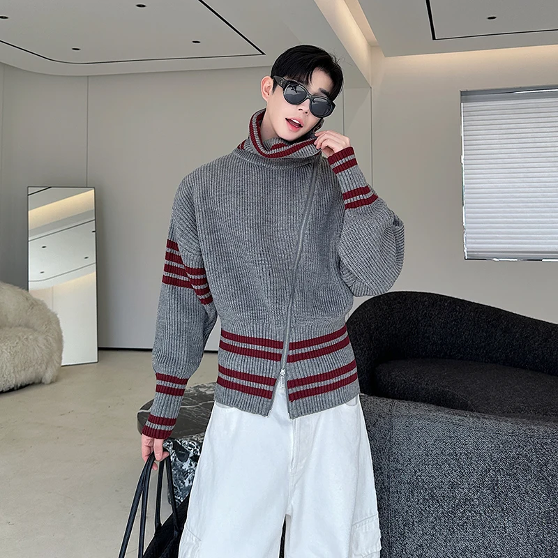 

Свитер с высоким воротником и молнией, длинный рукав, в полоску, вязаный, для молодых мужчин и женщин, осенний, в стиле колор-блок.