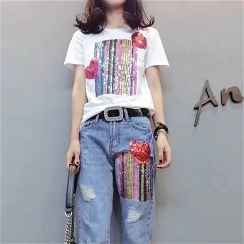 Short-Sleeved T-Shirt+Ripped Jeans Fashion Denim Suit Women's Summer New Age-Reducing Thin Slim Leisure Printing Two-Piece Suit