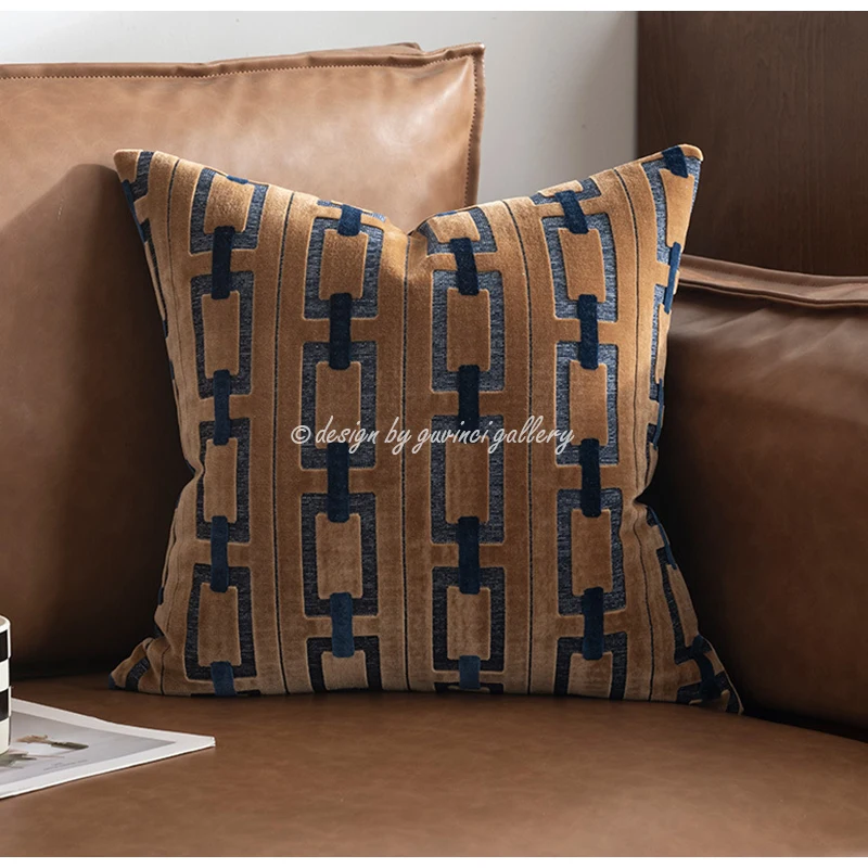 GUVINCI H Style Inspired Modern Glam Throw Pillow Cover Luxurious Soft Cut Velvet Geometric Chains Pattern Cushion Case 45x45cm