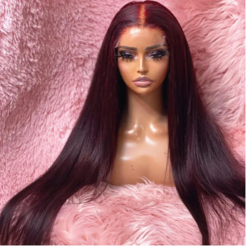 

Soft 26Inch Long Burgundy 99j Straight 180Density Lace Front Wig For Black Women Babyhair Natural Hairline Wine Preplucked Daily