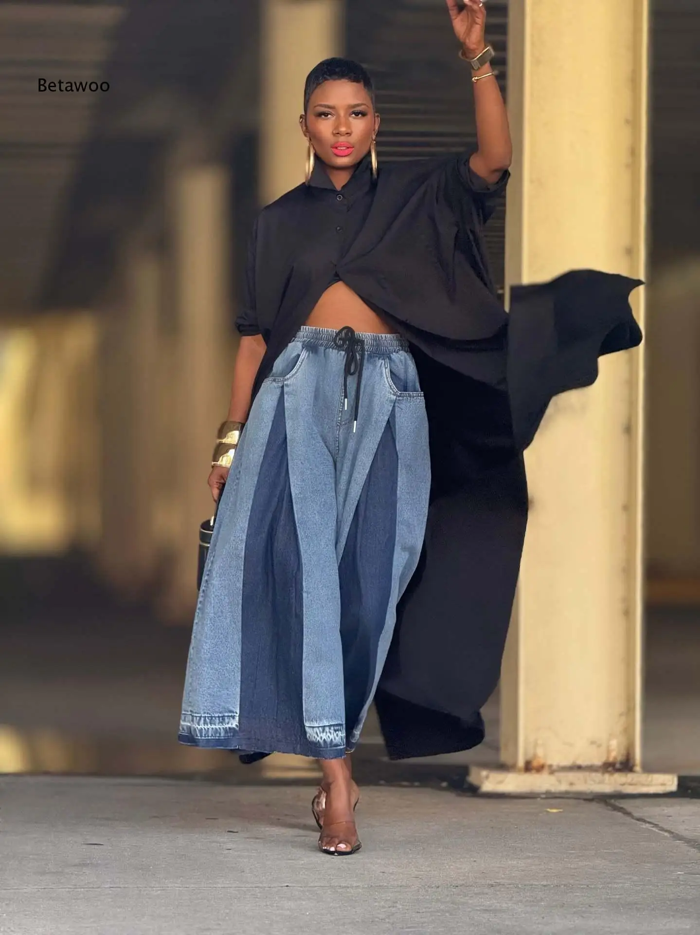 Women's High Waist Wide Leg Denim Jeans with Drawstring and Side Cutout Design, Loose Fit Casual Streetwear Pants for Summer