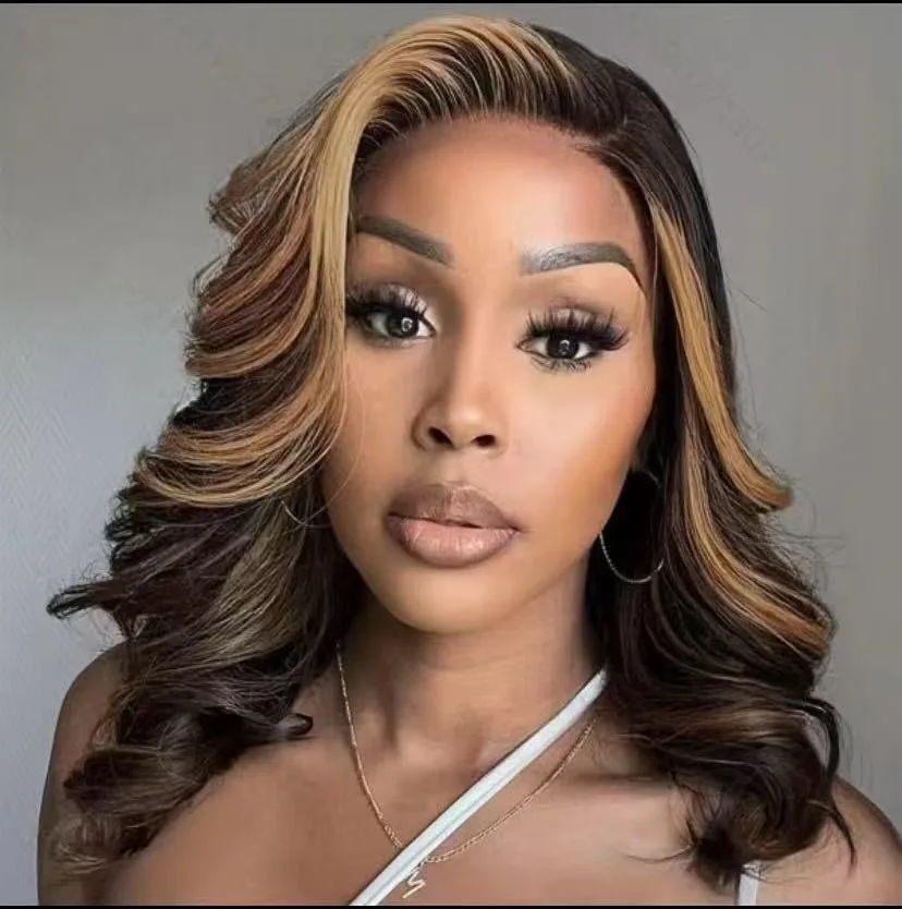 Wig Bob Fashion Rambut Asli Highlight Ombre 13x4 Body Wave HD Lace Front Wig Rambut Asli Bob Pendek Balayage Coklat Wig Rambut Asli