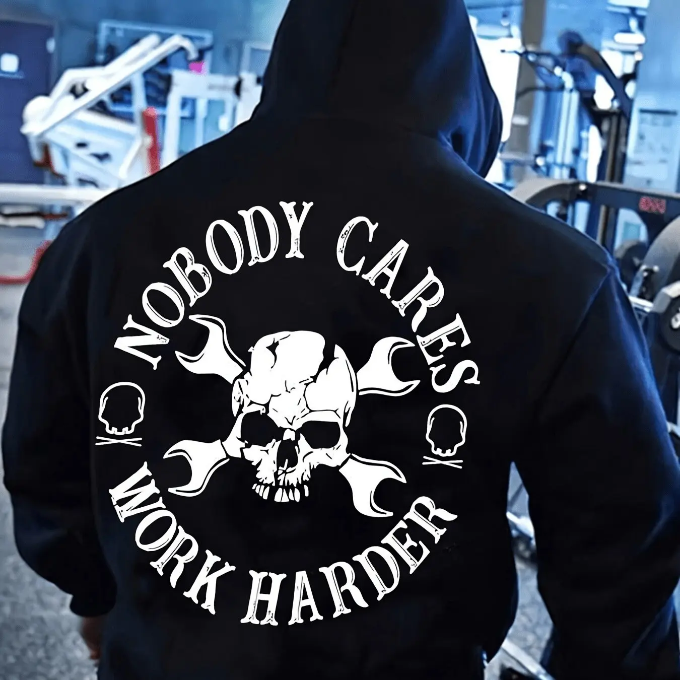 

Men's street style skull pattern hoodie - casual and loose autumn sweatshirt printed with the words "Nobody cares, work hard"