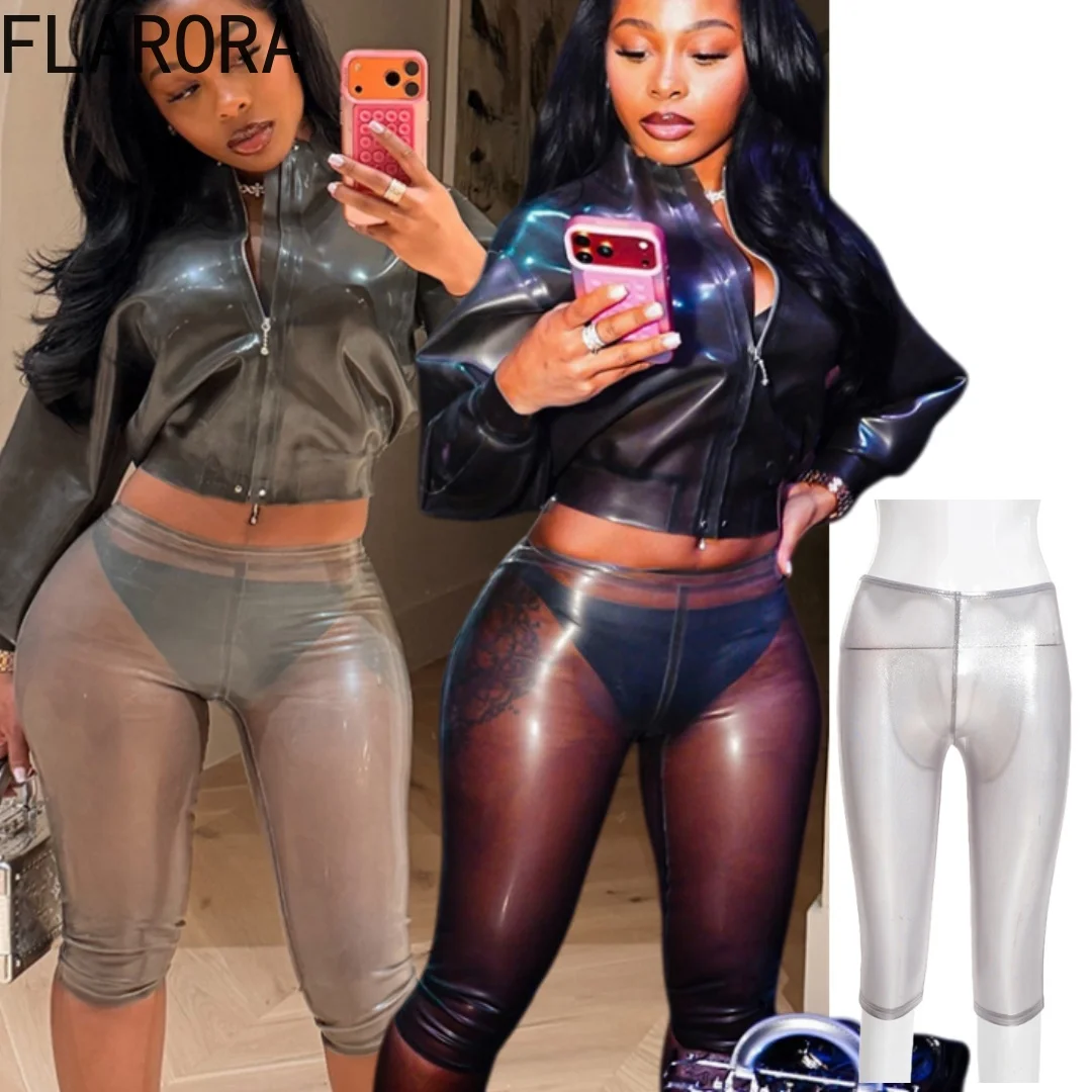 FLARORA Hottie Stretch Perspective Pant Woman Sexy Solid Color Peach Hip Bodycon Capri Pants Trend Y2k Midnight Party Clubwear