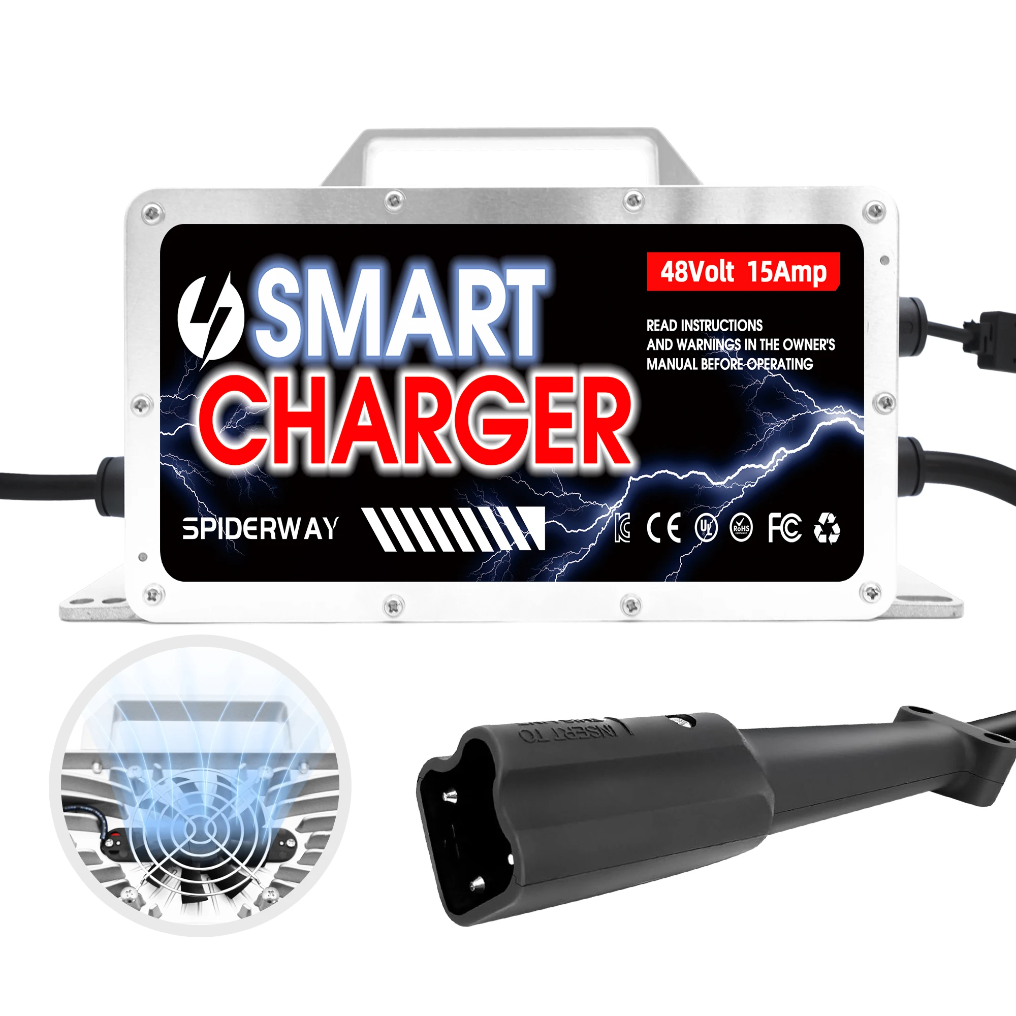 

48 Volt 15 Amp Golf Cart Smart Battery Charger with 3-Pin Leaf Plug for Yamaha Drive G29 Lead Acid Battery Charger