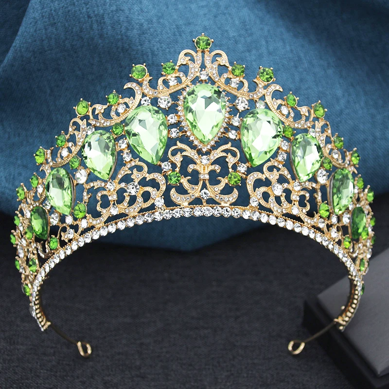 Baroque 9 Colors Green AB Crystal Big Tiaras for Women Girls Party Wedding Crown Bridal Elegant Hair Jewelry Pageant