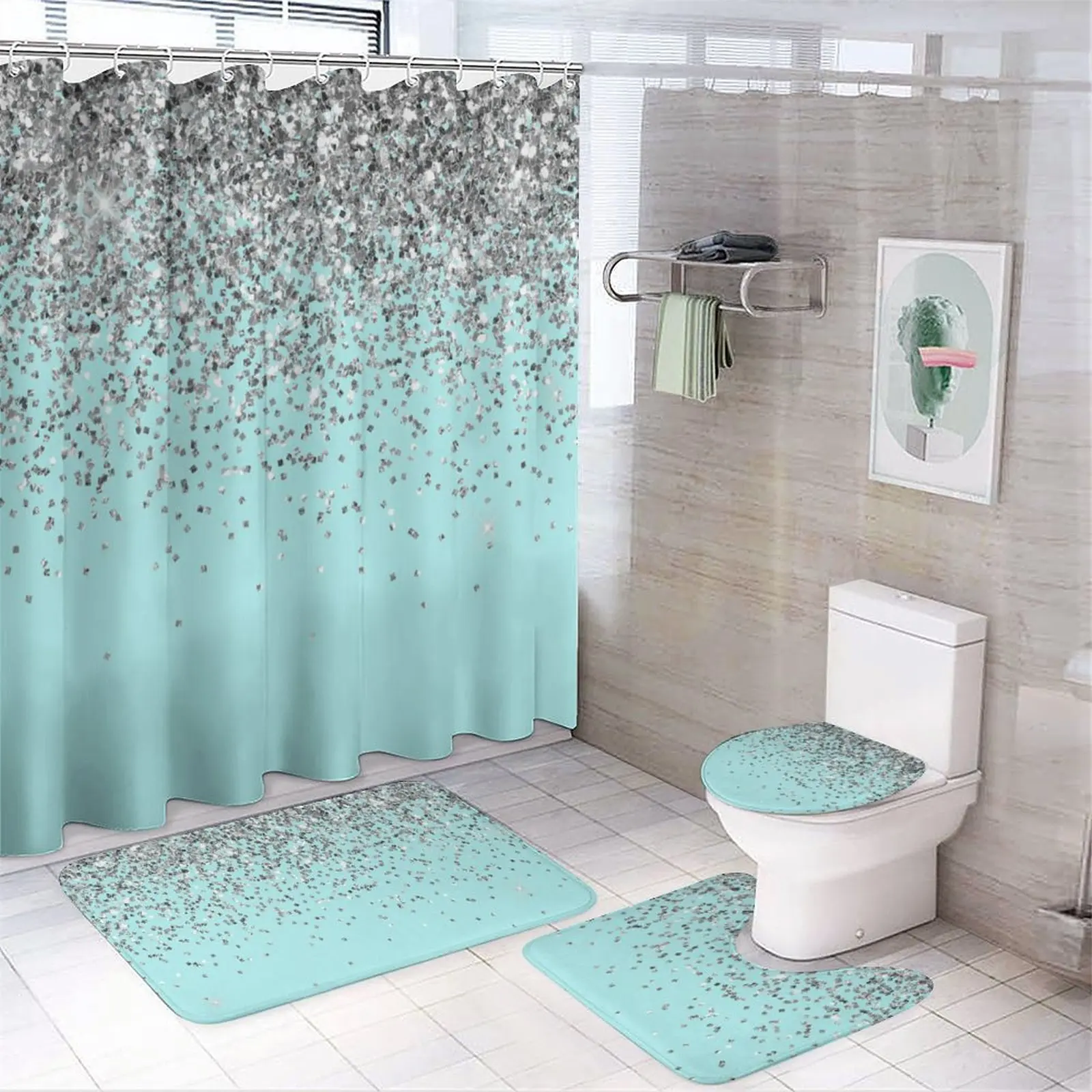 Cyan geometric printed shower curtain Modern non-slip carpet shower curtain Waterproof polyester home decor 180x180