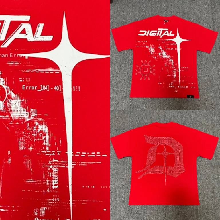 New DIGITAL Men's T-Shirt, Bright Red Graphic Short Sleeve, Cyber Circuit Chip Star Error Text Front Print Casual Top