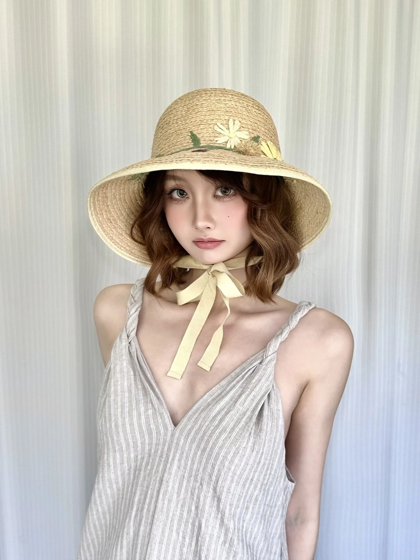 レトロ高級ボナテラサマーデイジースプリットグラスハット女性用メイドスタイルカントリーフローラル通気性調整可能ナチュラルラフィアハット