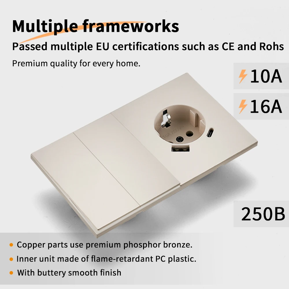 Skin Sensation USB A+C Integrated Panel Embedded Wall Socket Button Light Switch Skin Feel Paint Power Sockets DIY Combination