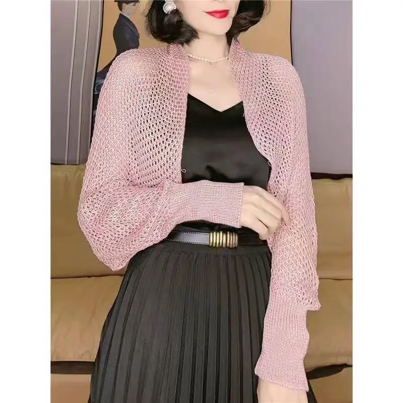 Spring Summer Knitted Cropped Cardigan Hollow Short Tops Korean Fashion Shawl Long Sleeve Jacket Free Shipping Harajuku Coat