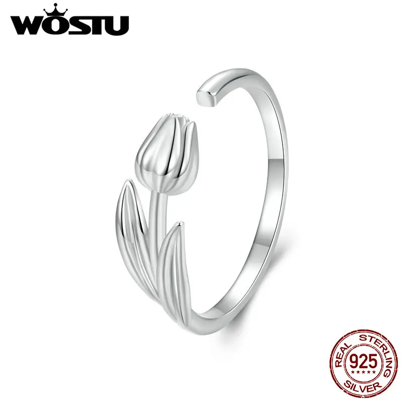 WOSTU 925 Sterling Silver Blooming Tulip Flower Opening Ring For Women Handmade Wedding Jewelry Gift Girl Party Stackable Rings