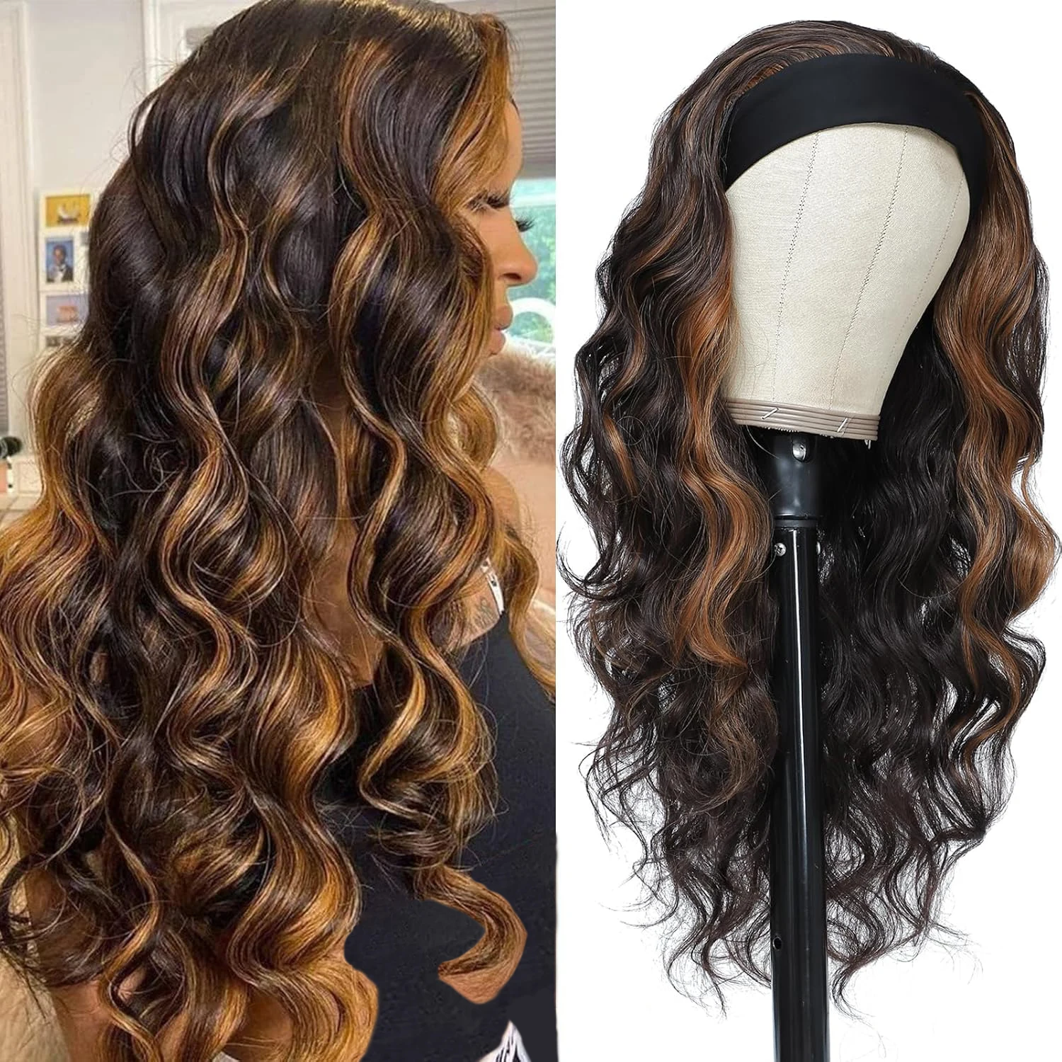 شعر مستعار طويل مموج عقال للنساء شعر مستعار اصطناعي أسود مع شعر مستعار بني أشقر تسليط الضوء على عقال الباروكات وضعه والذهاب بدون صمغ