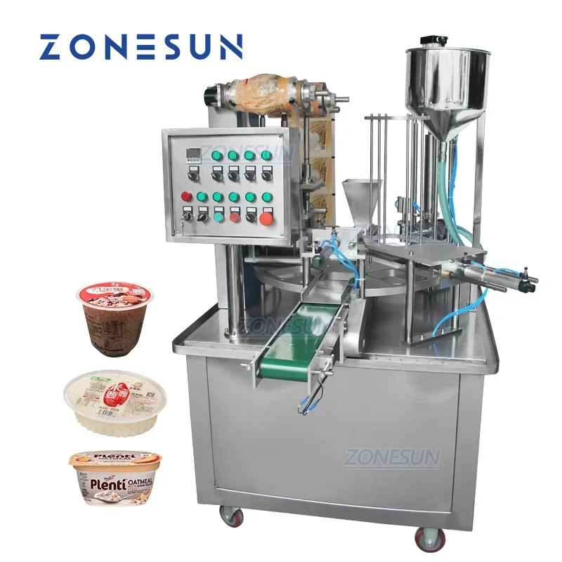 ZONESUN Macchina per il rifornimento e la sigillatura di liquidi ZS-GF900I Rotary Food Water Cup Imballaggio alimentare Bevanda 2 in 1 Macchinari di produzione