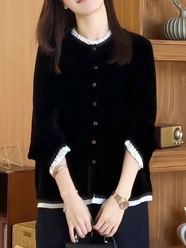 

Ele Velvet irt женский свободный топ-ботинка для больших размеров, осень-зима, новый корейский Sle с круглыми пуговицами