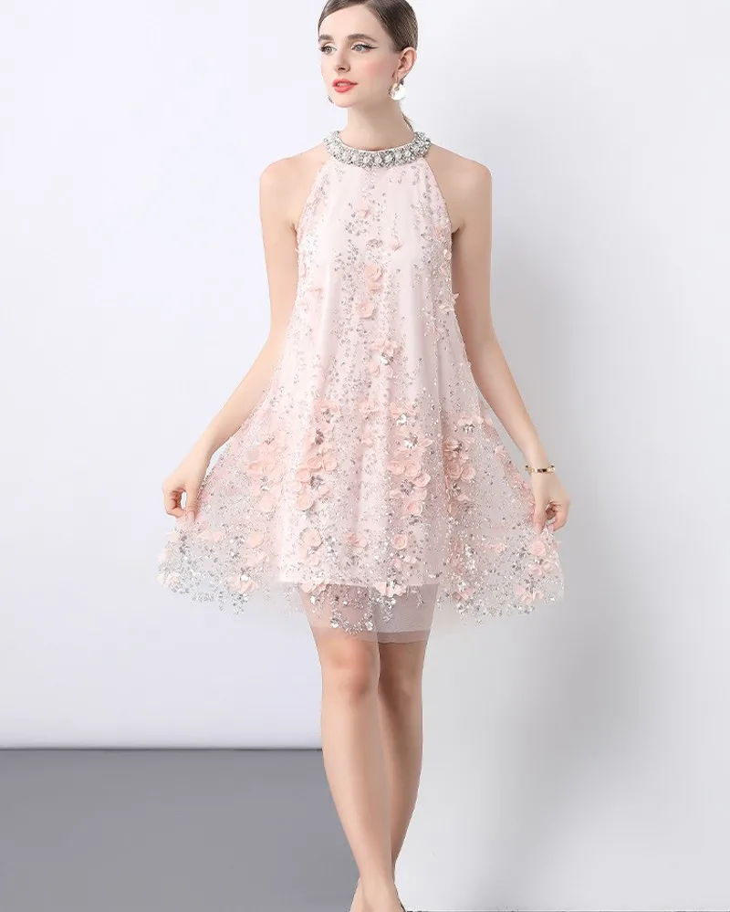 

Luxury Pink Short Prom Party Dress 2026 Halter Crystal 3D Flowers Lace Beads Mini Homecoming Gown Birthday Christ Robe De Soriee